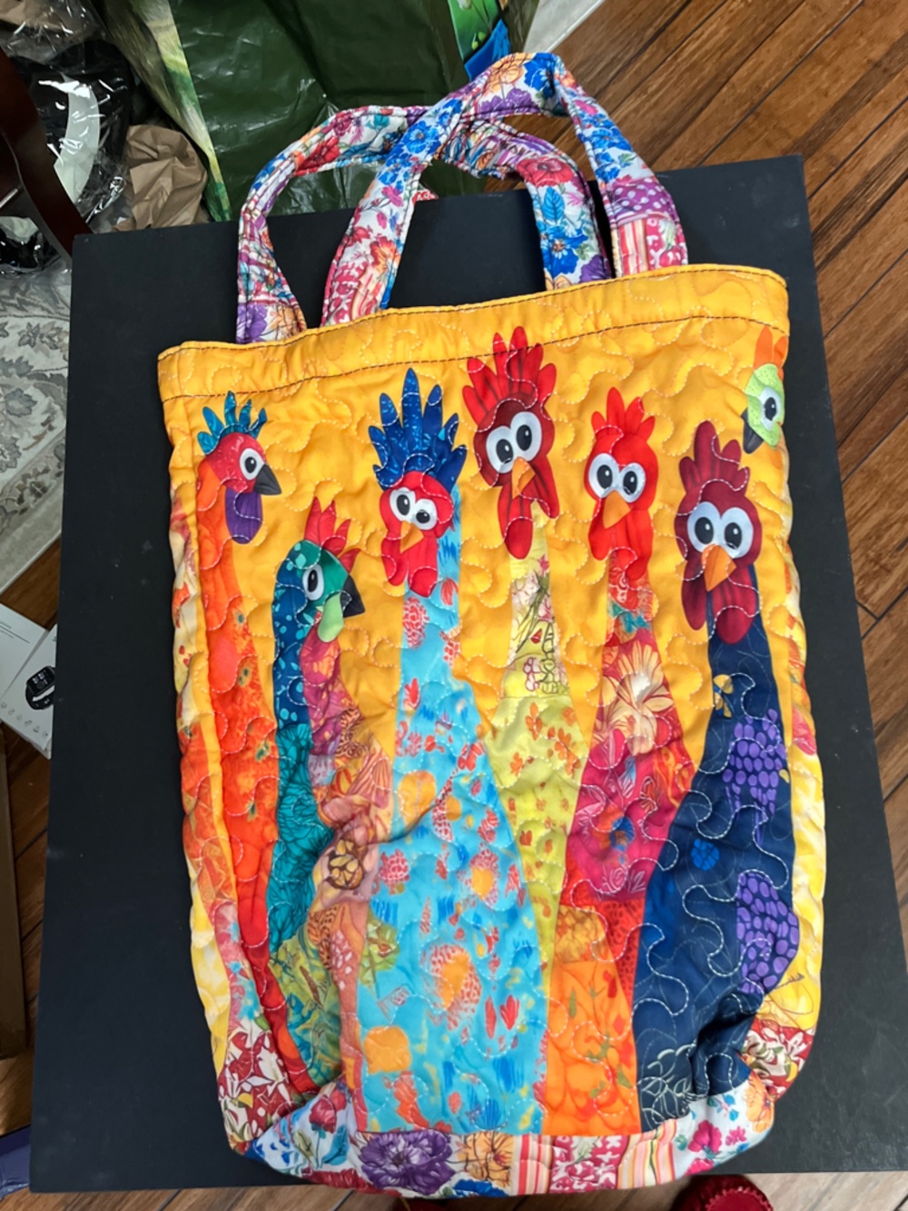Colorful Quilted Rooster Tote Bag - Yellow